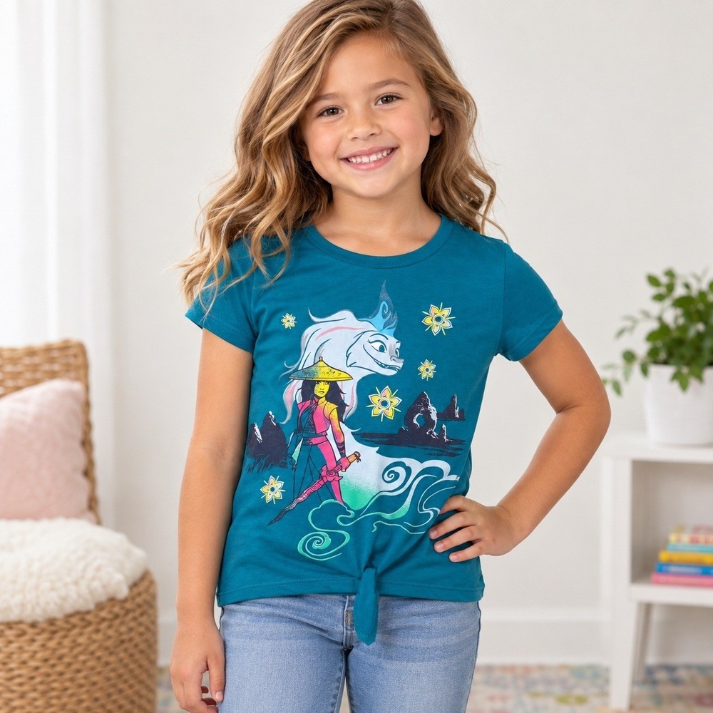 Disney Raya and the Last Dragon Girls 6/6X Teal Tie Front Graphic T-Shirt